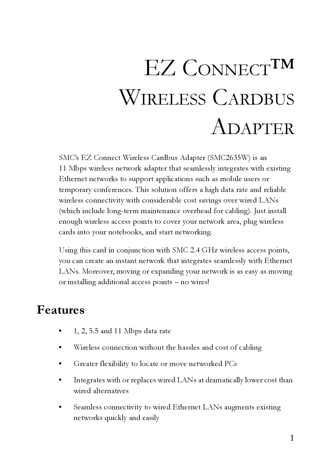 SMC Networks SMC2635W manual EZ Connect Wireless Cardbus Adapter, Features 