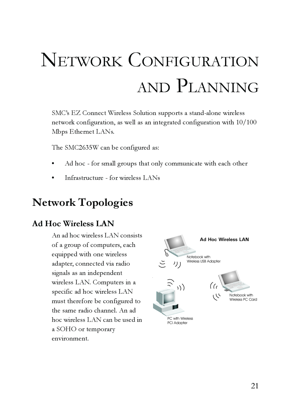 SMC Networks SMC2635W manual Network Configuration and Planning, Network Topologies, Ad Hoc Wireless LAN 