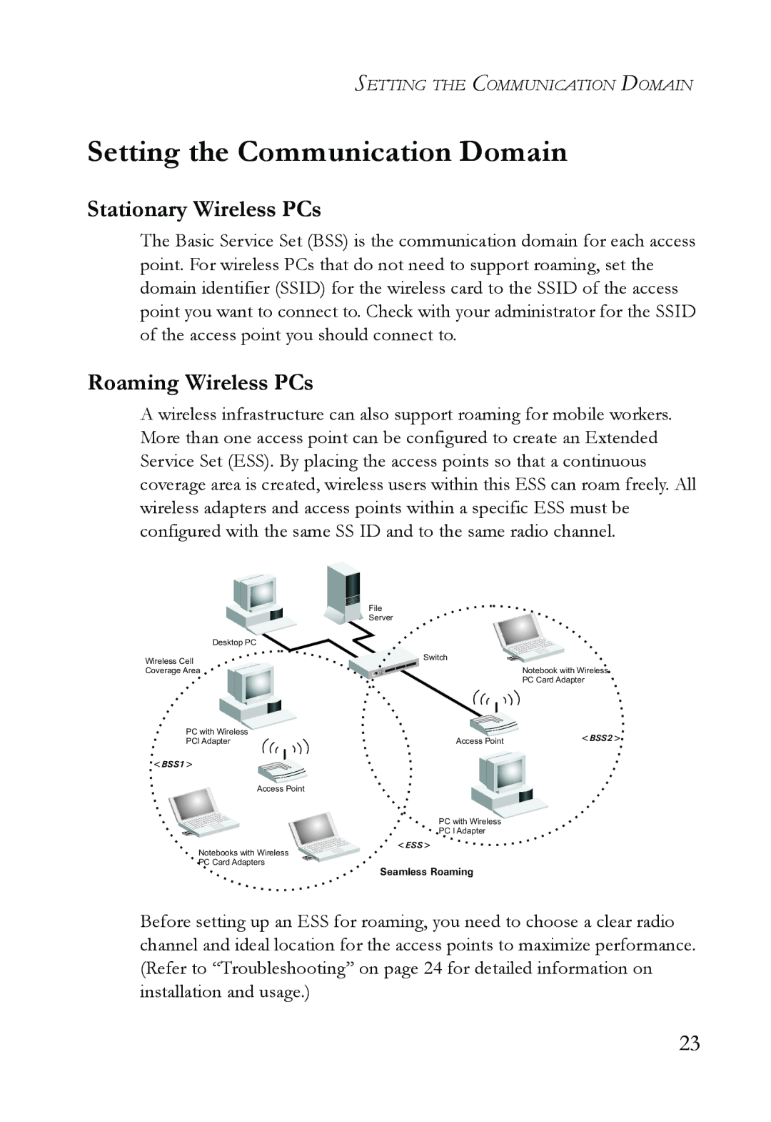 SMC Networks SMC2635W manual Setting the Communication Domain, Stationary Wireless PCs, Roaming Wireless PCs 