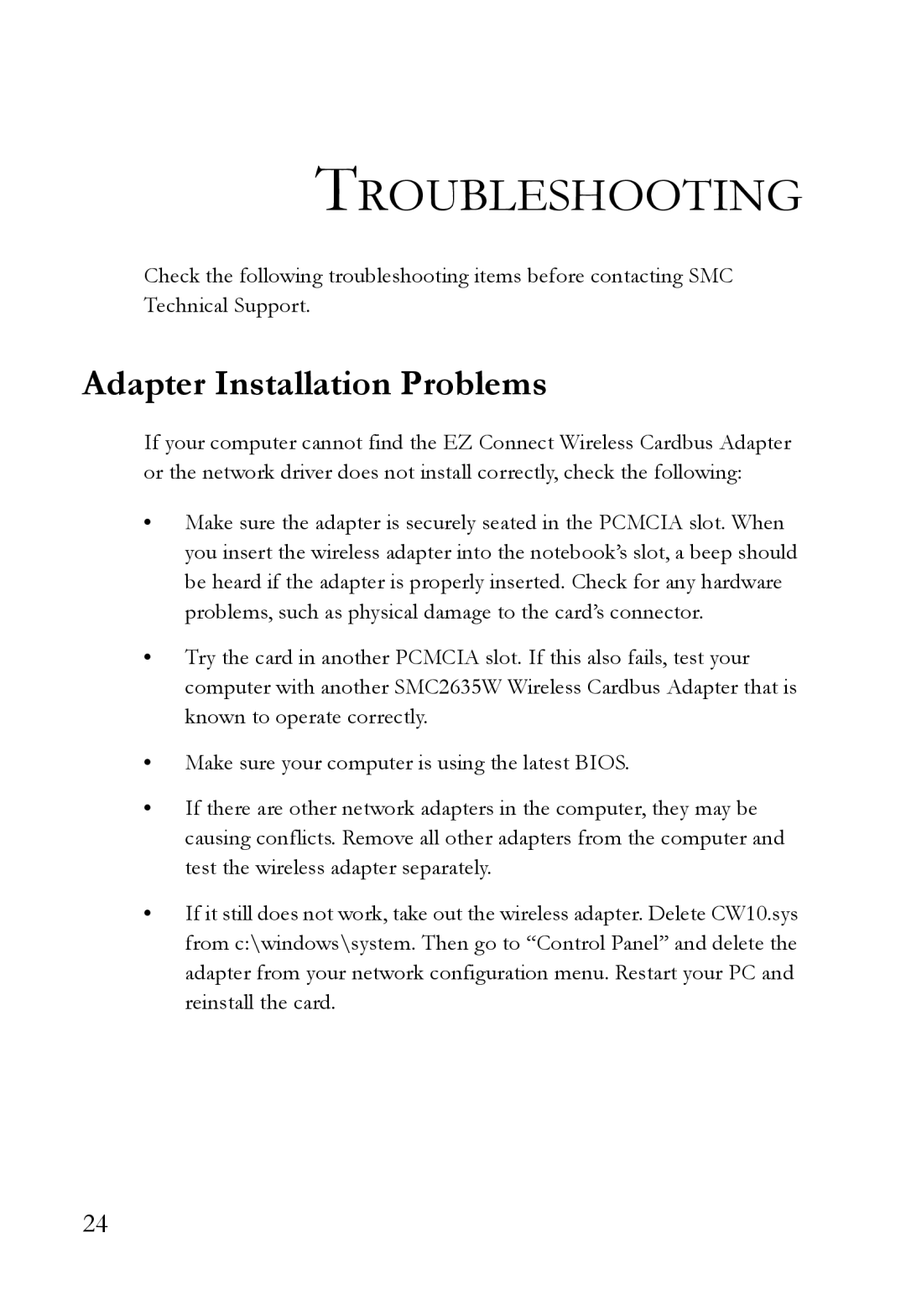 SMC Networks SMC2635W manual Troubleshooting, Adapter Installation Problems 