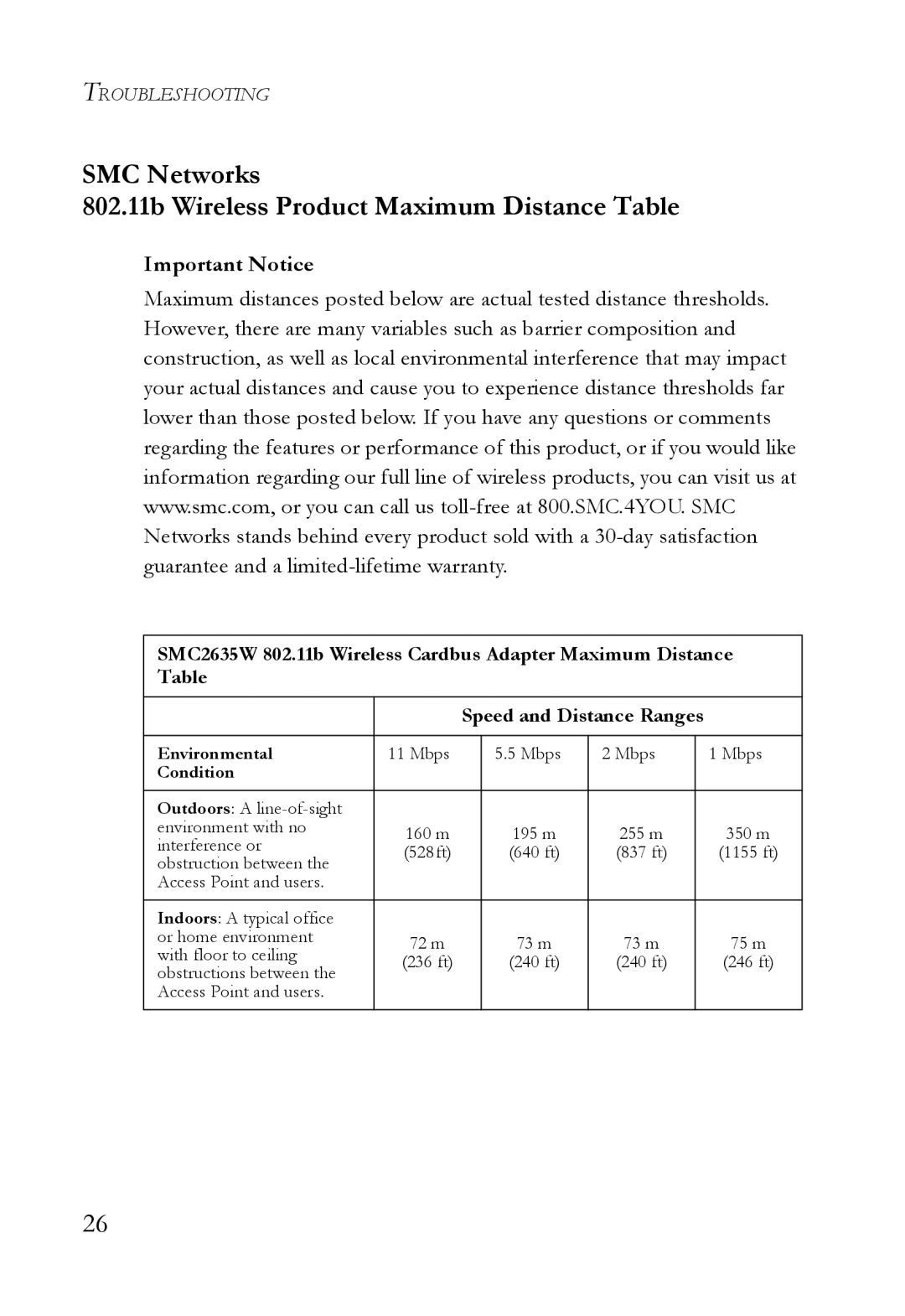 SMC Networks SMC2635W manual SMC Networks 802.11b Wireless Product Maximum Distance Table, Important Notice 