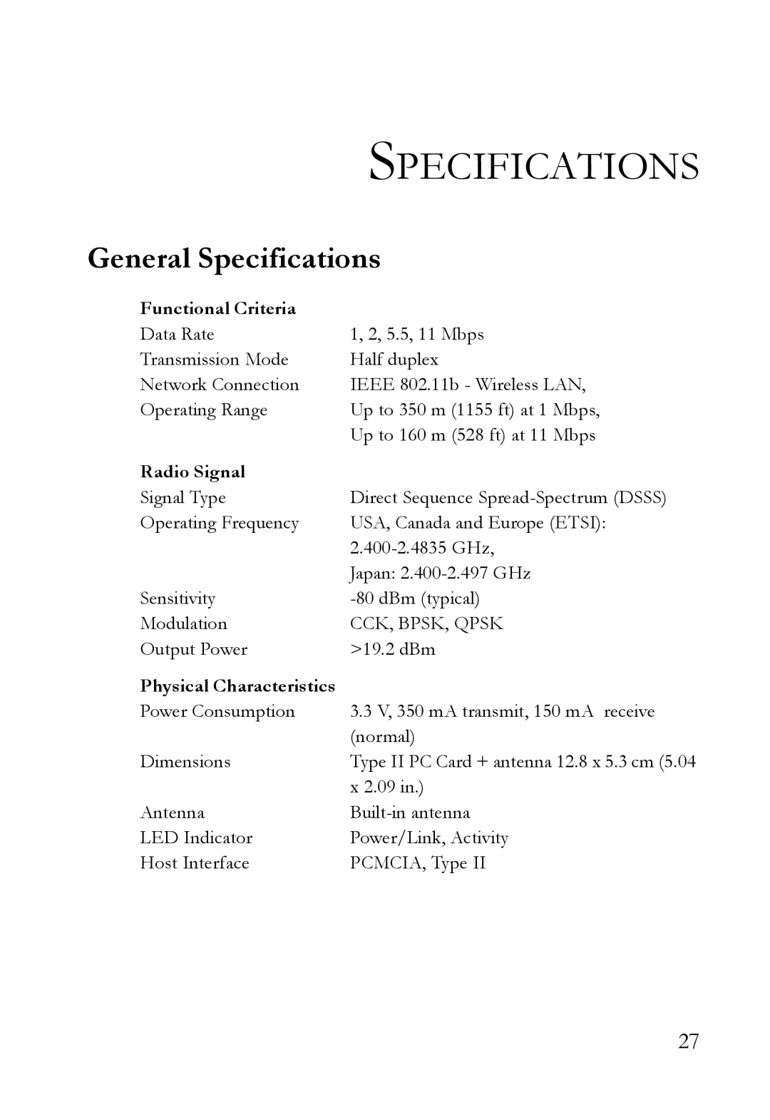 SMC Networks SMC2635W manual General Specifications, Functional Criteria, Radio Signal, Physical Characteristics 