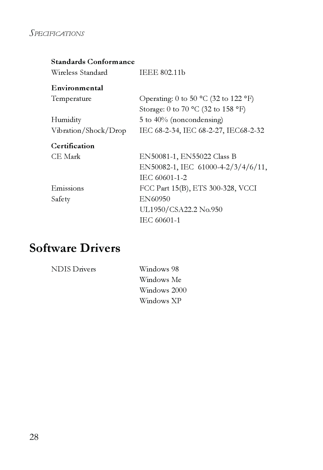 SMC Networks SMC2635W manual Software Drivers, Standards Conformance, Environmental, Certification 