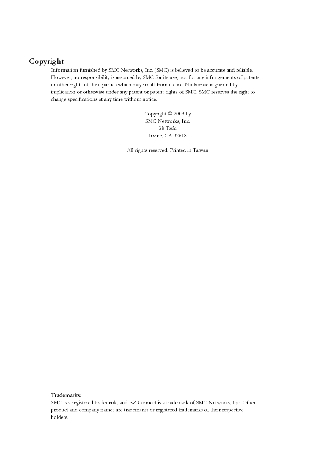 SMC Networks SMC2635W manual Copyright, Trademarks 