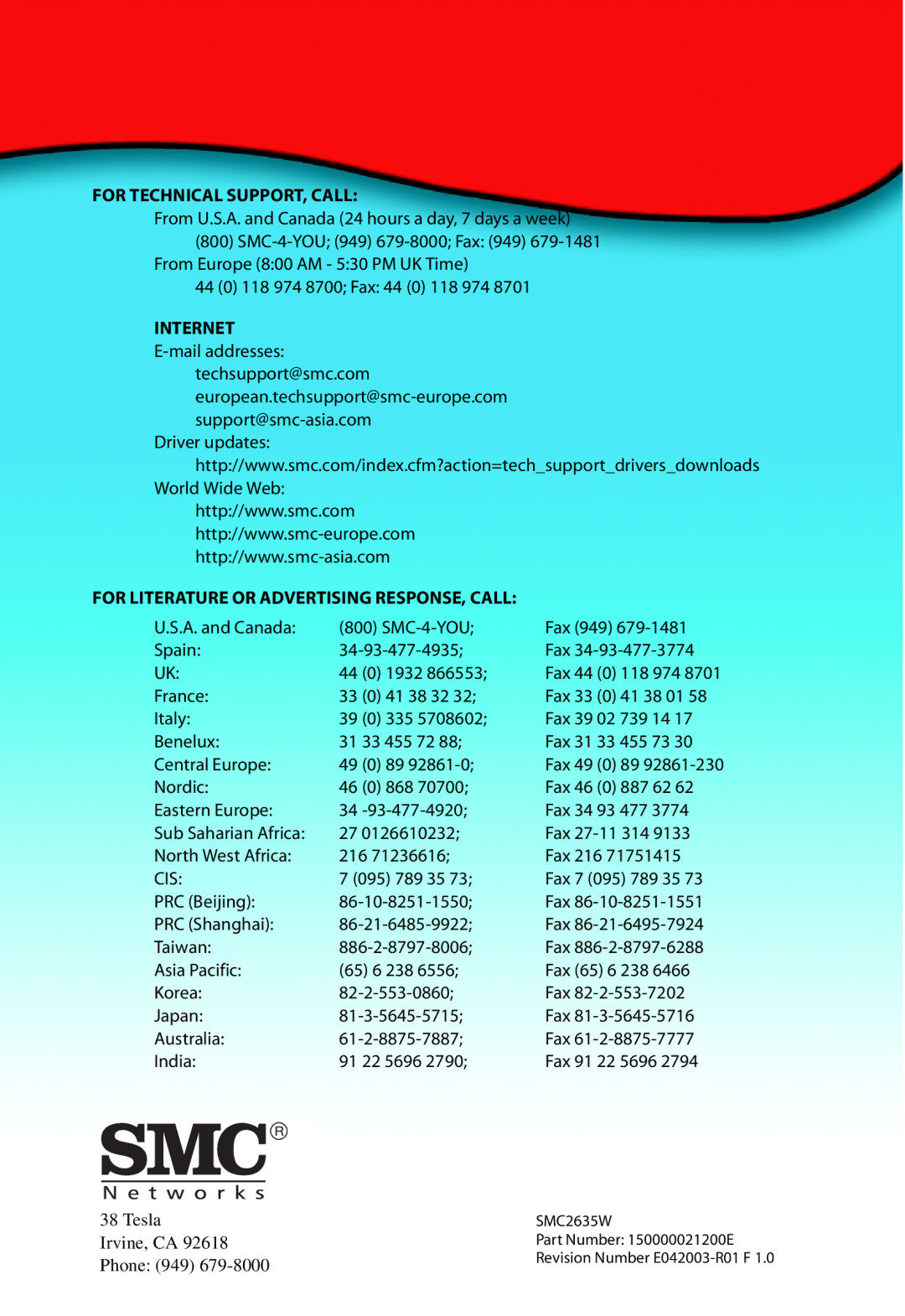 SMC Networks SMC2635W manual For Technical SUPPORT, Call 