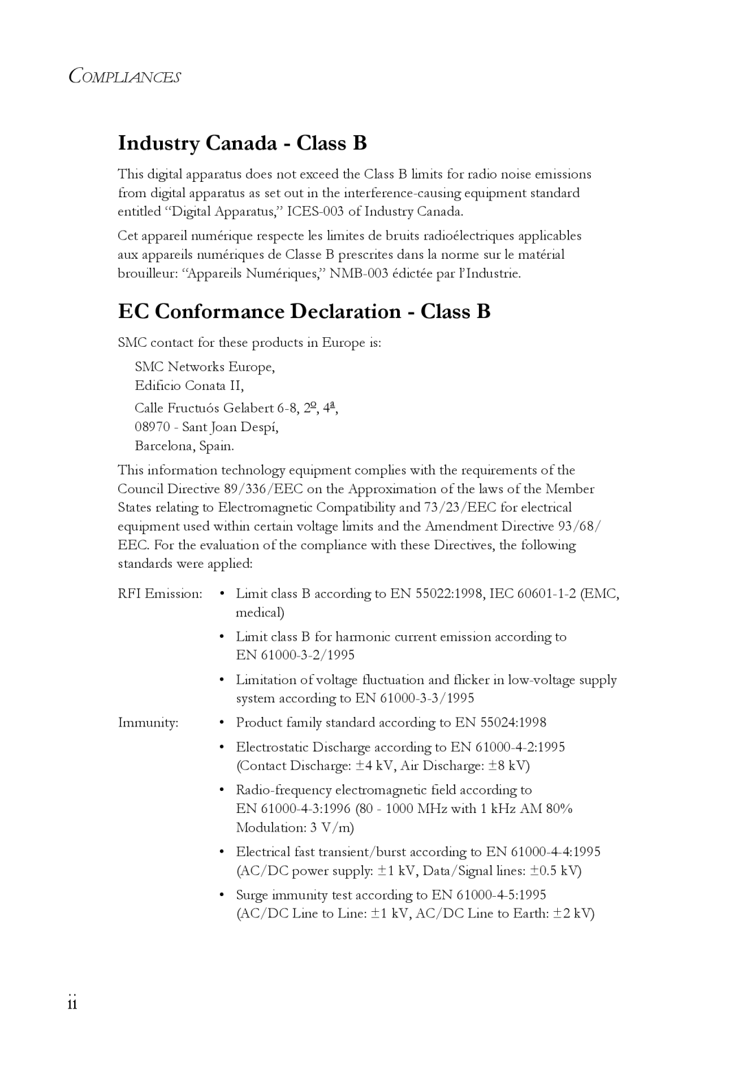 SMC Networks SMC2635W manual Industry Canada Class B, EC Conformance Declaration Class B 