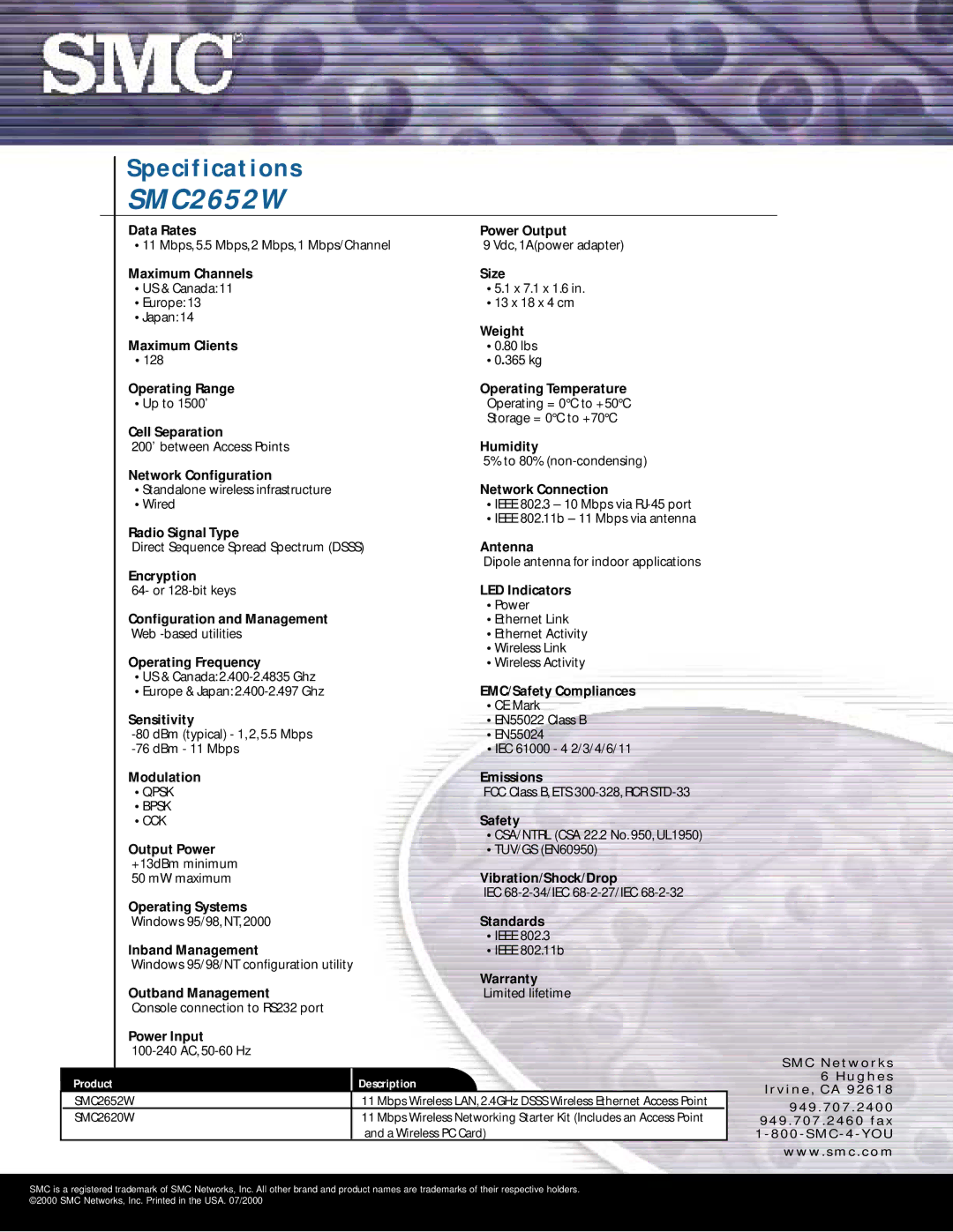 SMC Networks SMC2652W warranty Description, Qpsk, Bpsk CCK 