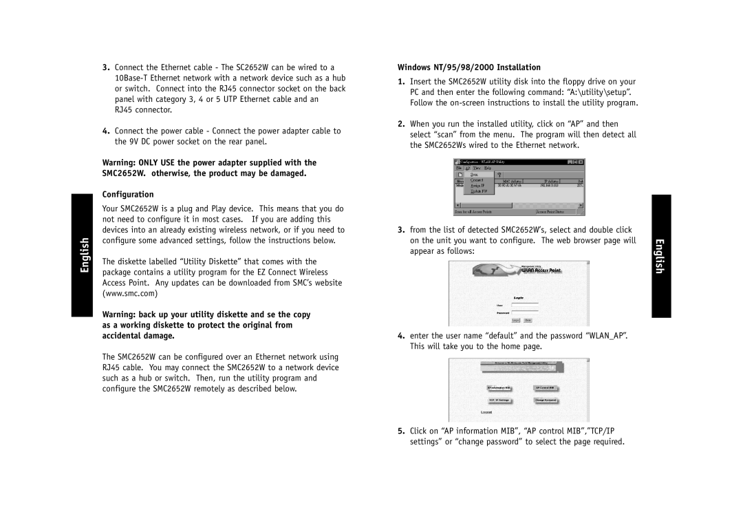 SMC Networks SMC2652W manual Configuration, Windows NT/95/98/2000 Installation 