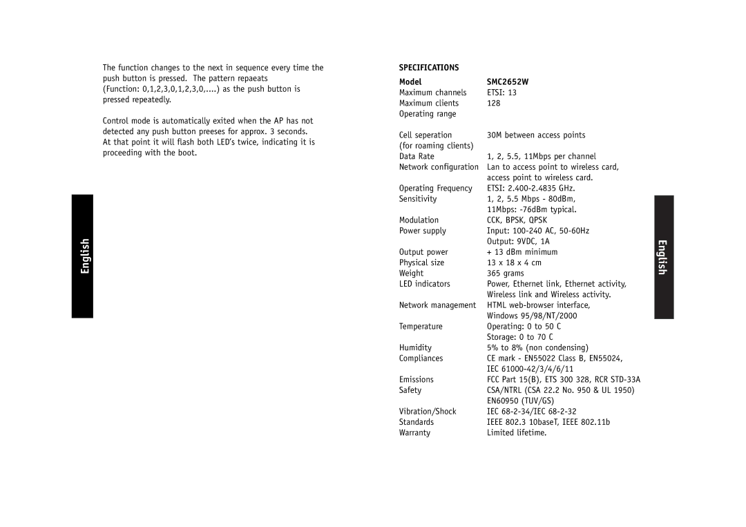 SMC Networks manual Specifications, Model SMC2652W 