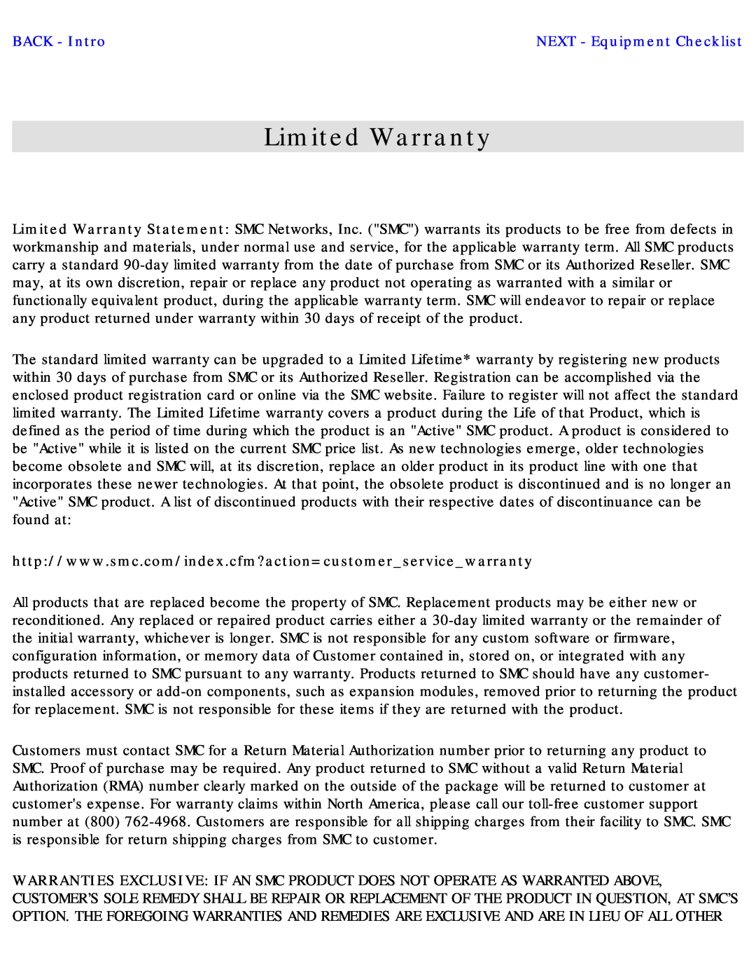 SMC Networks SMC2655W warranty Limited Warranty, BACK - Intro 