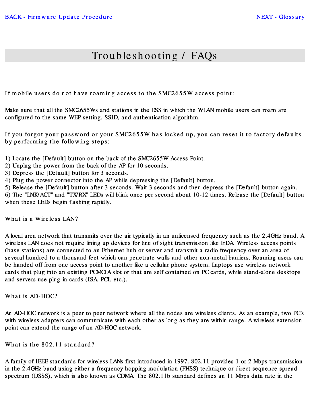 SMC Networks SMC2655W Troubleshooting / FAQs, BACK - Firmware Update Procedure, What is a Wireless LAN?, What is AD-HOC? 