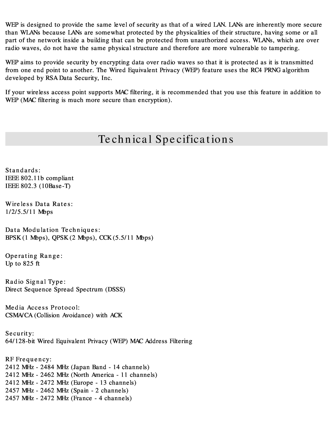 SMC Networks SMC2655W Technical Specifications, Standards, Wireless Data Rates, Data Modulation Techniques, Security 
