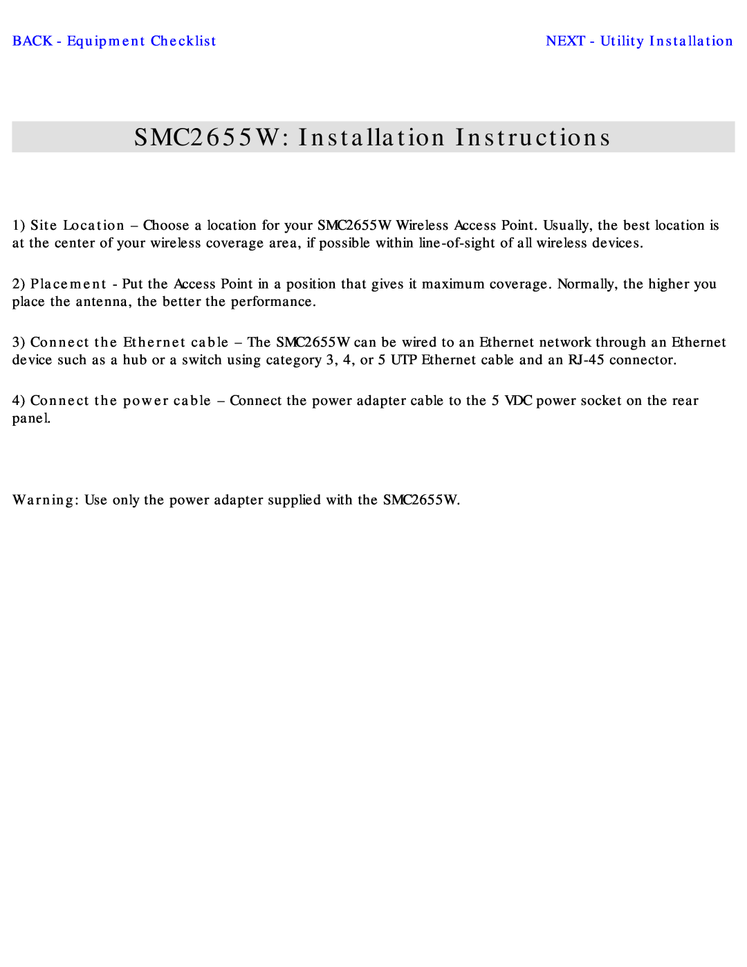 SMC Networks warranty SMC2655W Installation Instructions, BACK - Equipment Checklist 