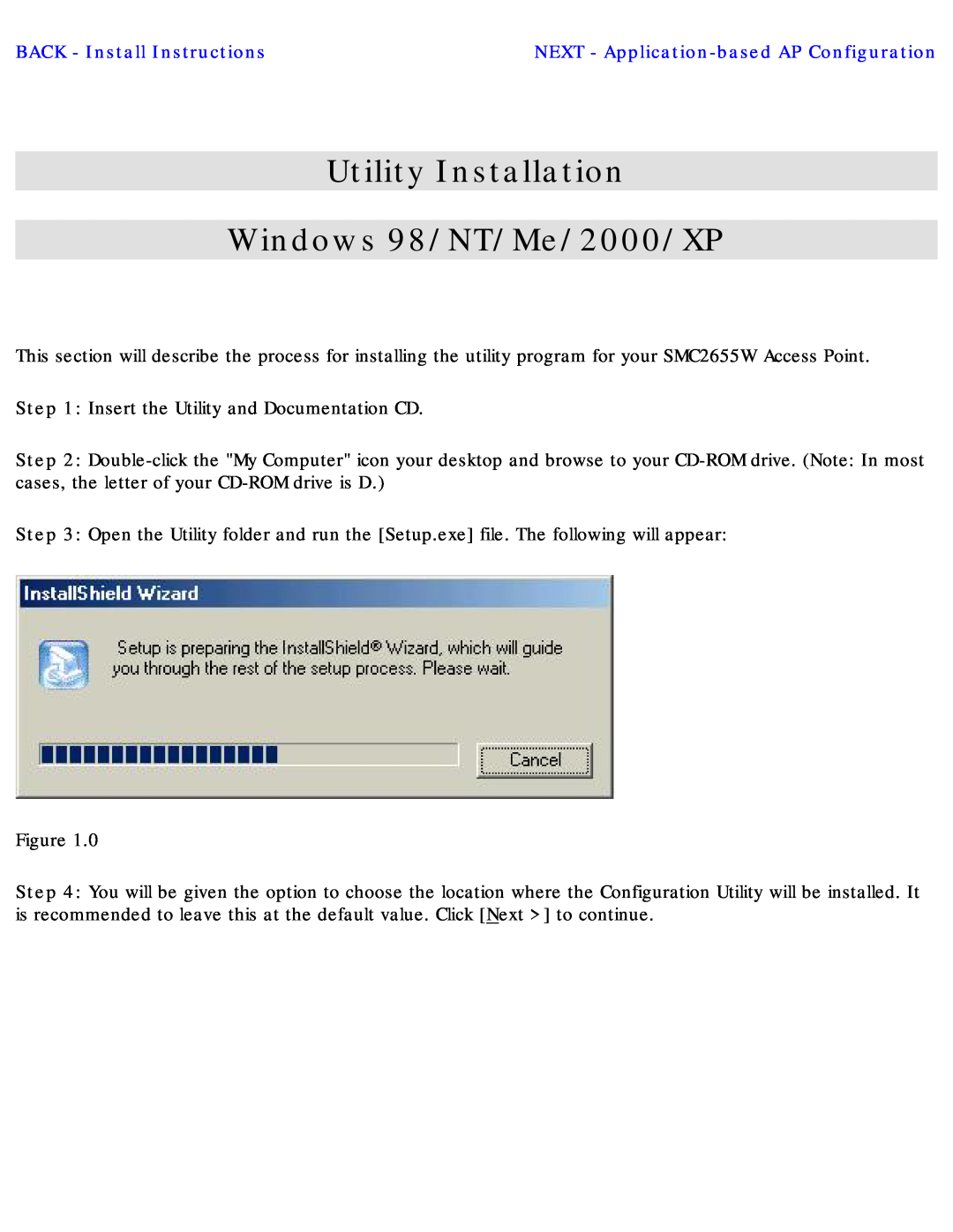 SMC Networks SMC2655W warranty Utility Installation Windows 98/NT/Me/2000/XP, BACK - Install Instructions 