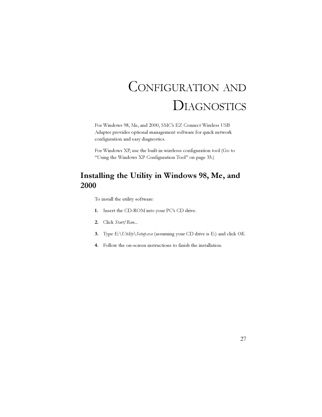 SMC Networks SMC2664W manual Configuration Diagnostics, Installing the Utility in Windows 98, Me 