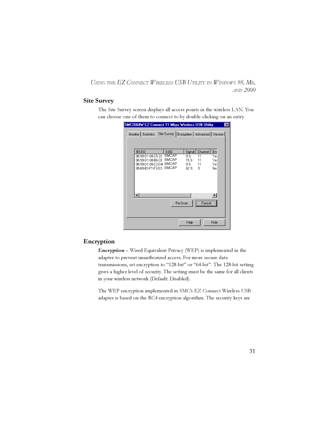 SMC Networks SMC2664W manual Site Survey, Encryption 