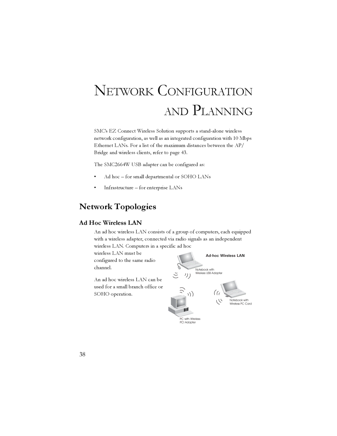 SMC Networks SMC2664W manual Network Topologies, Ad Hoc Wireless LAN 