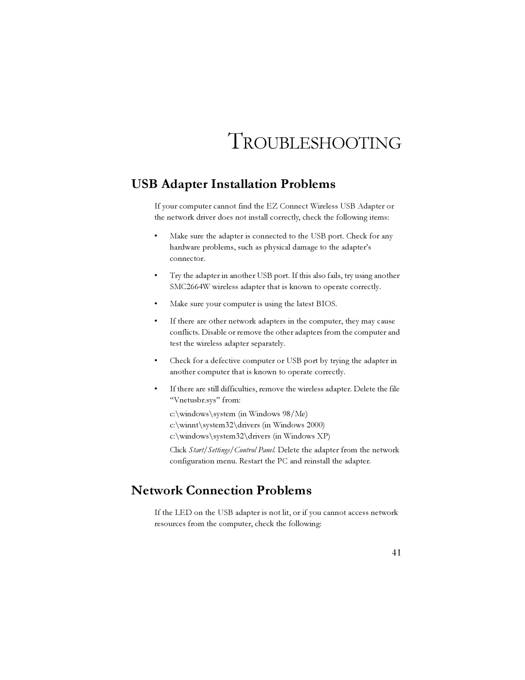 SMC Networks SMC2664W manual Troubleshooting, USB Adapter Installation Problems, Network Connection Problems 