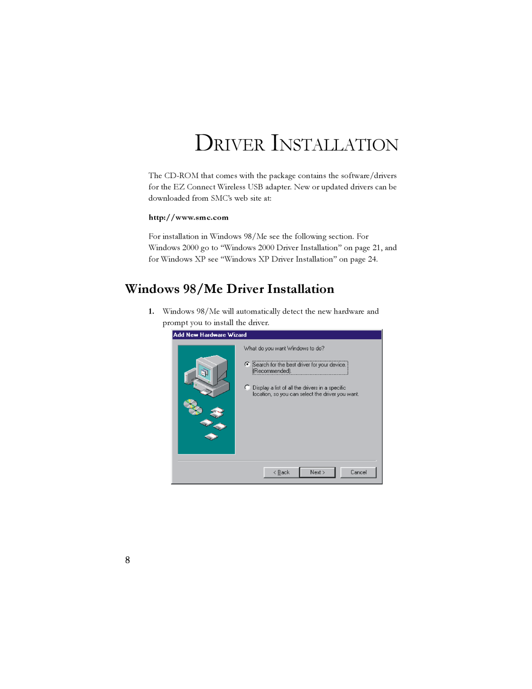 SMC Networks SMC2664W manual Windows 98/Me Driver Installation 