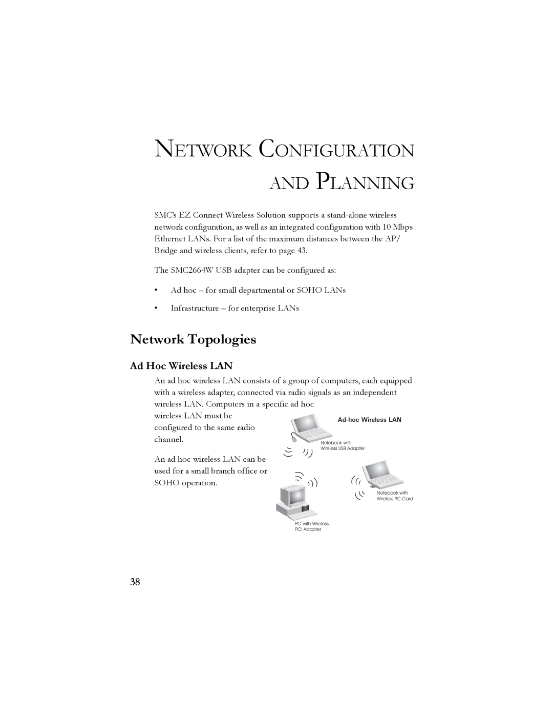 SMC Networks SMC2664W manual Network Configuration And Planning, Network Topologies, Ad Hoc Wireless LAN 