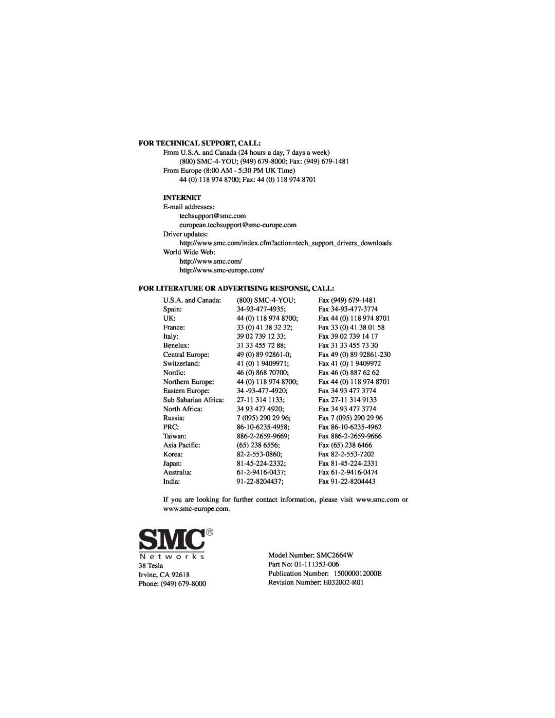 SMC Networks SMC2664W manual For Technical Support, Call, Internet, For Literature Or Advertising Response, Call 