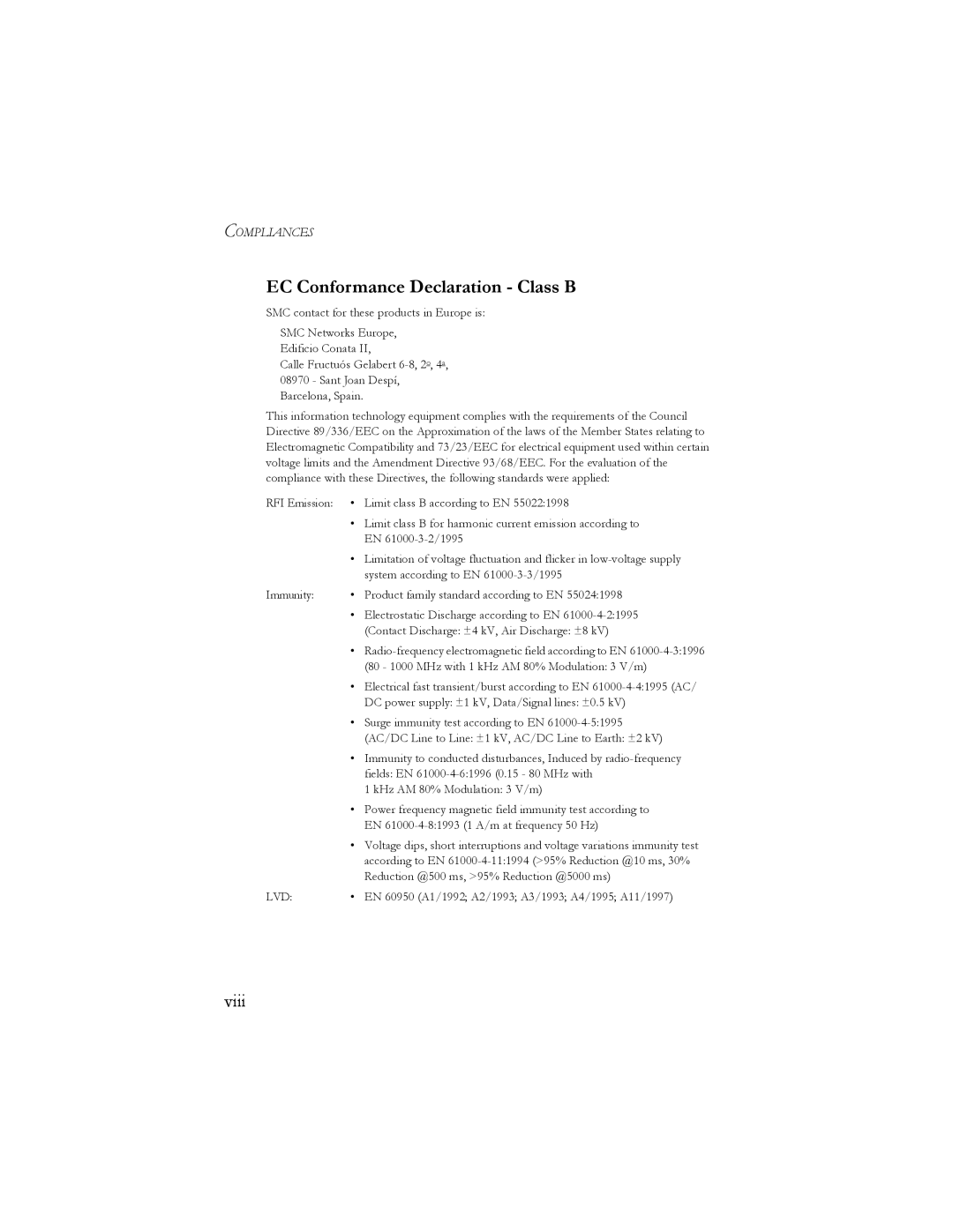 SMC Networks SMC2664W manual EC Conformance Declaration - Class B, viii, Compliances 