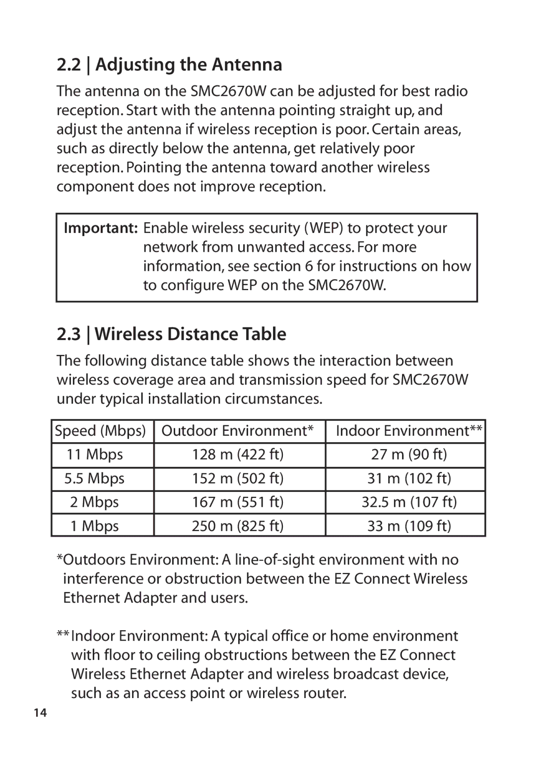 SMC Networks SMC2670W manual Adjusting the Antenna, Wireless Distance Table 