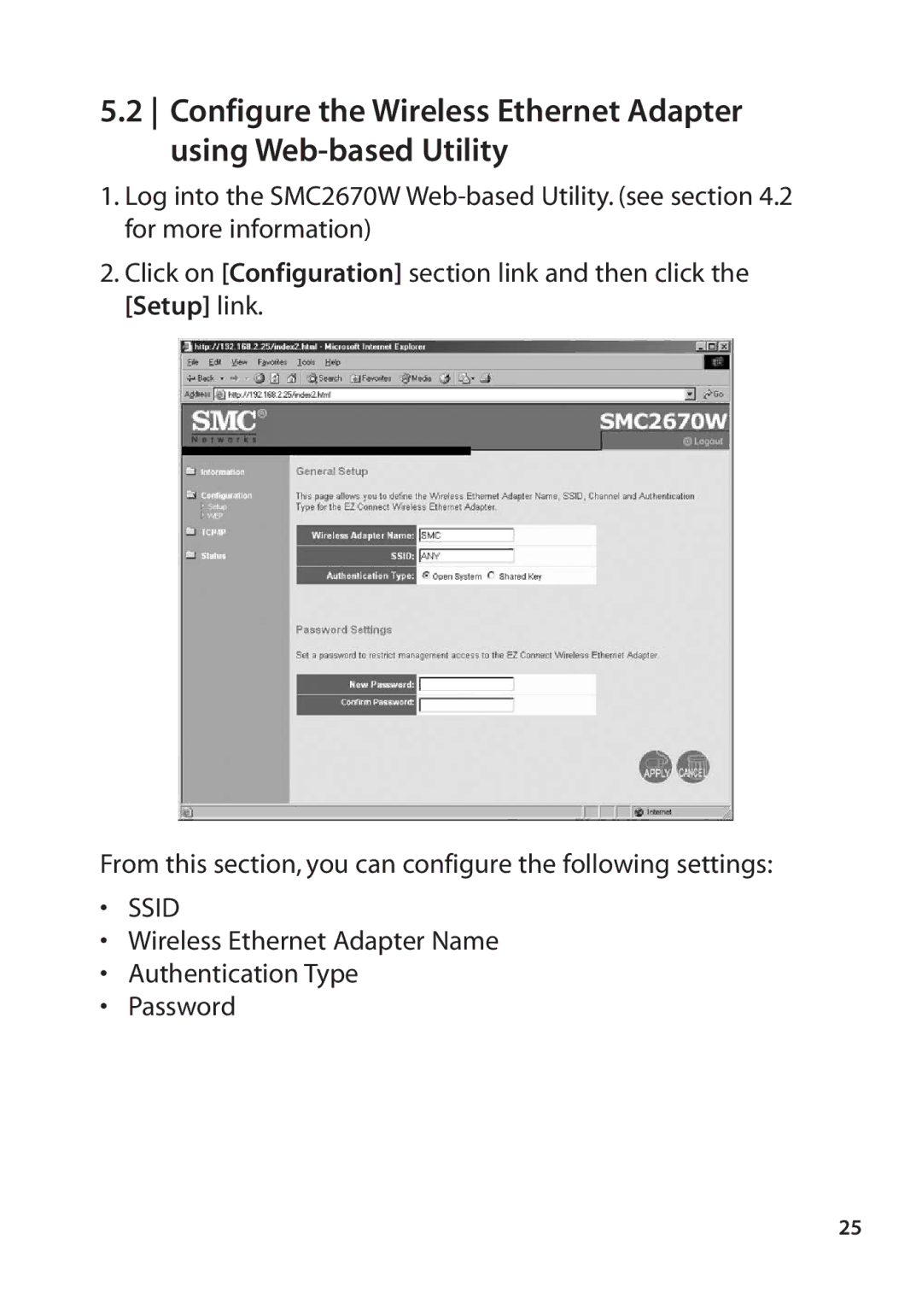 SMC Networks SMC2670W manual Wireless Ethernet Adapter Name Authentication Type Password 