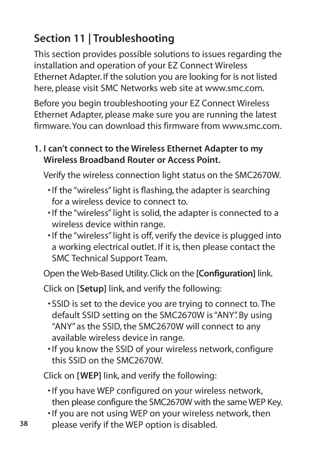 SMC Networks SMC2670W manual Troubleshooting 