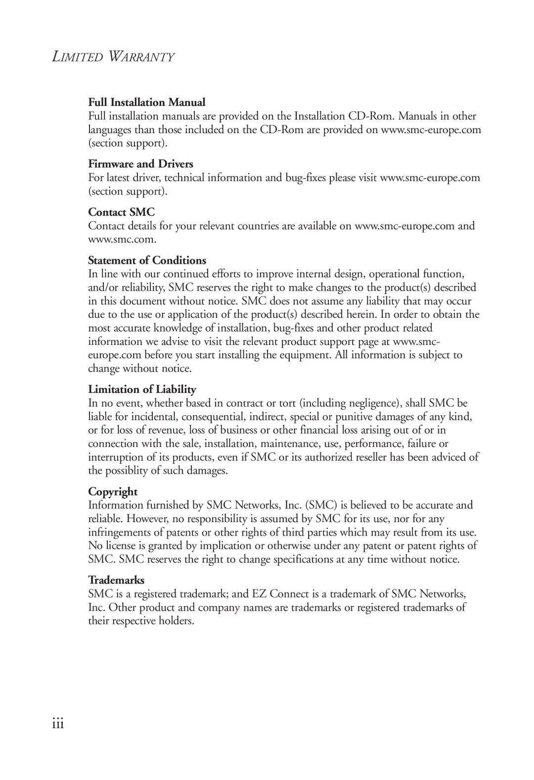 SMC Networks SMC2670W manual Iii 