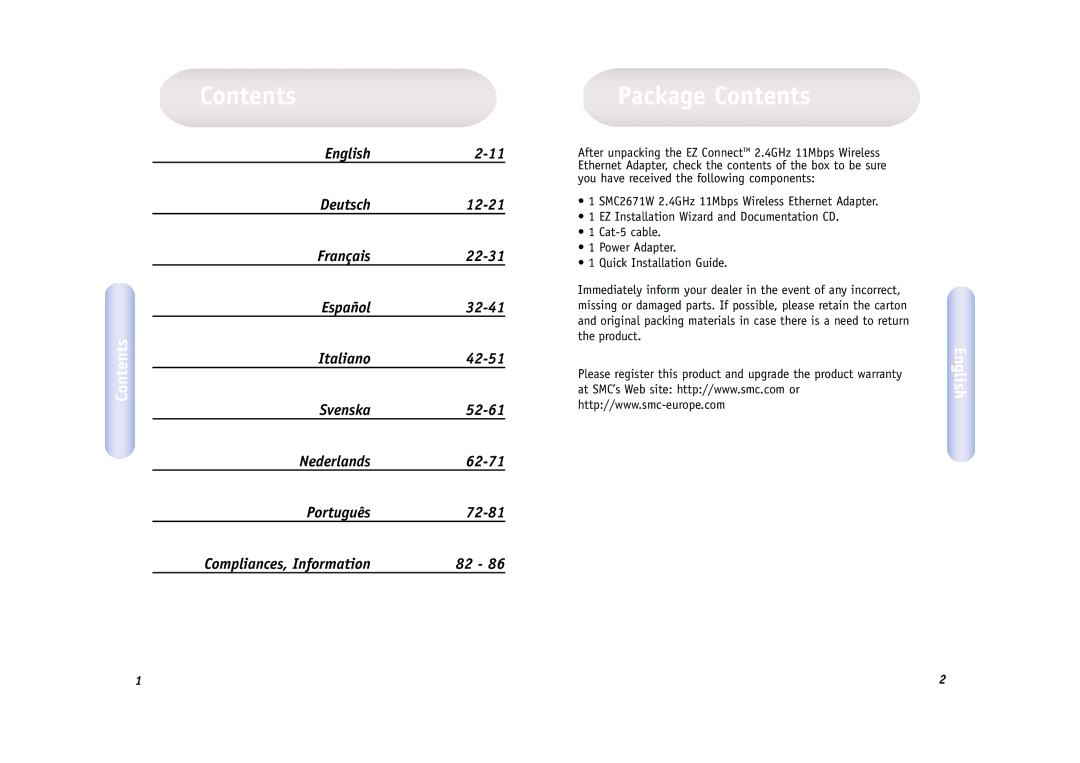 SMC Networks SMC2671W manual Package Contents 