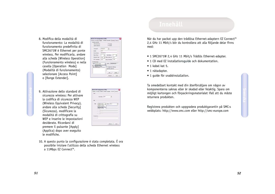 SMC Networks SMC2671W manual Innehåll, Range Extender 