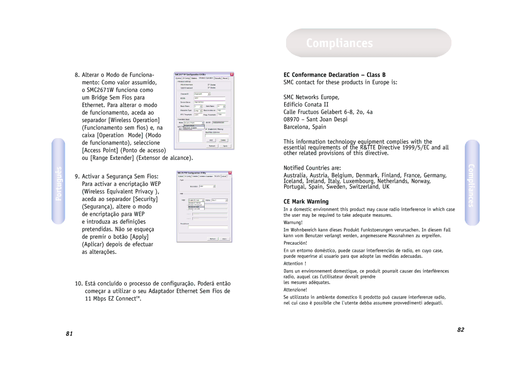 SMC Networks SMC2671W manual Compliances, Ou Range Extender Extensor de alcance, EC Conformance Declaration Class B 