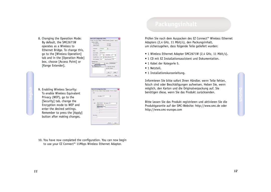 SMC Networks SMC2671W manual Packungsinhalt 