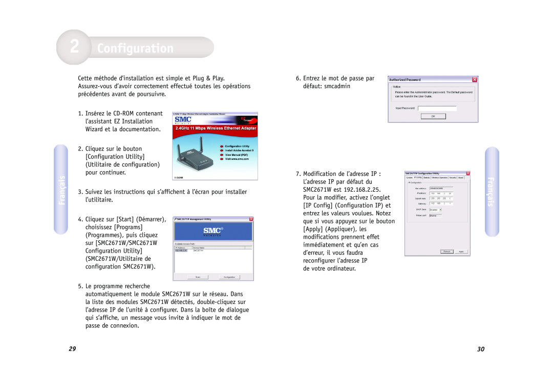 SMC Networks SMC2671W manual Configuration, Français, Suivez les instructions qui s’affichent à l’écran pour installer 