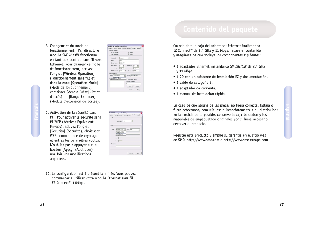 SMC Networks SMC2671W manual Contenido del paquete, Español, Français 