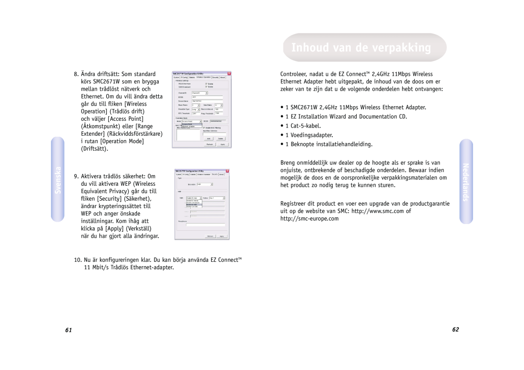 SMC Networks SMC2671W manual Inhoud van de verpakking, Nederlands, Svenska 