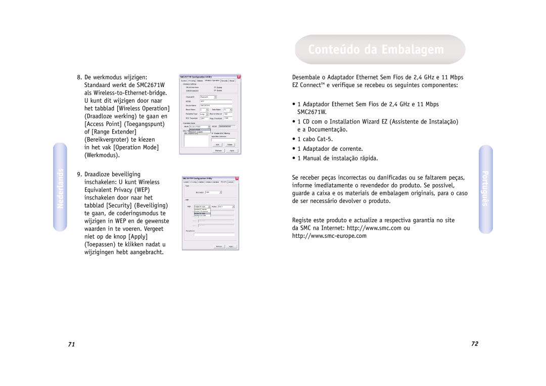 SMC Networks SMC2671W manual Conteúdo da Embalagem, Português, Nederlands 
