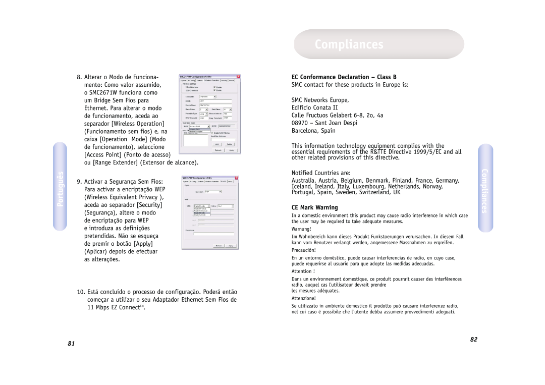 SMC Networks SMC2671W manual Compliances, Português, EC Conformance Declaration - Class B, CE Mark Warning 