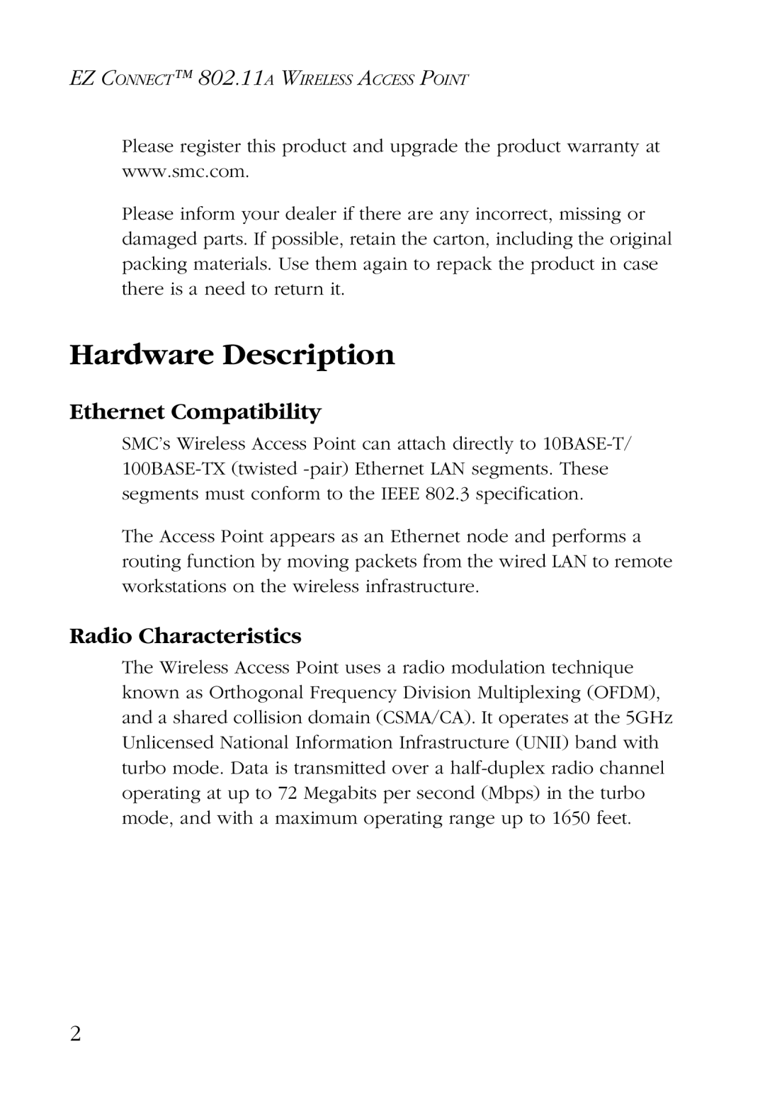 SMC Networks SMC2755W manual Hardware Description, Ethernet Compatibility, Radio Characteristics 