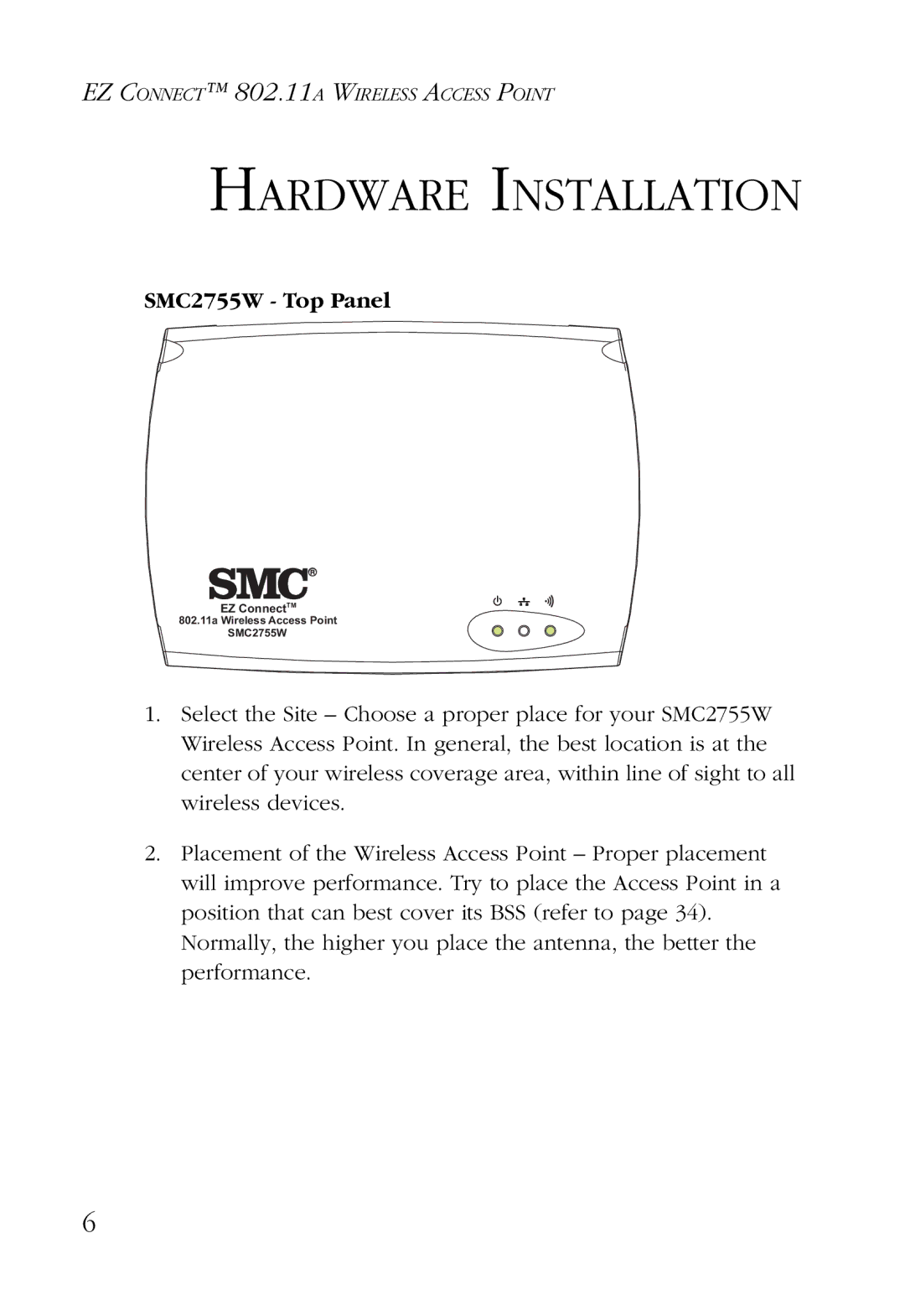 SMC Networks manual Hardware Installation, SMC2755W Top Panel 