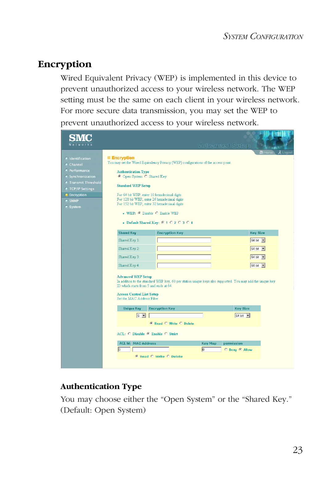 SMC Networks SMC2755W manual Encryption, Authentication Type 