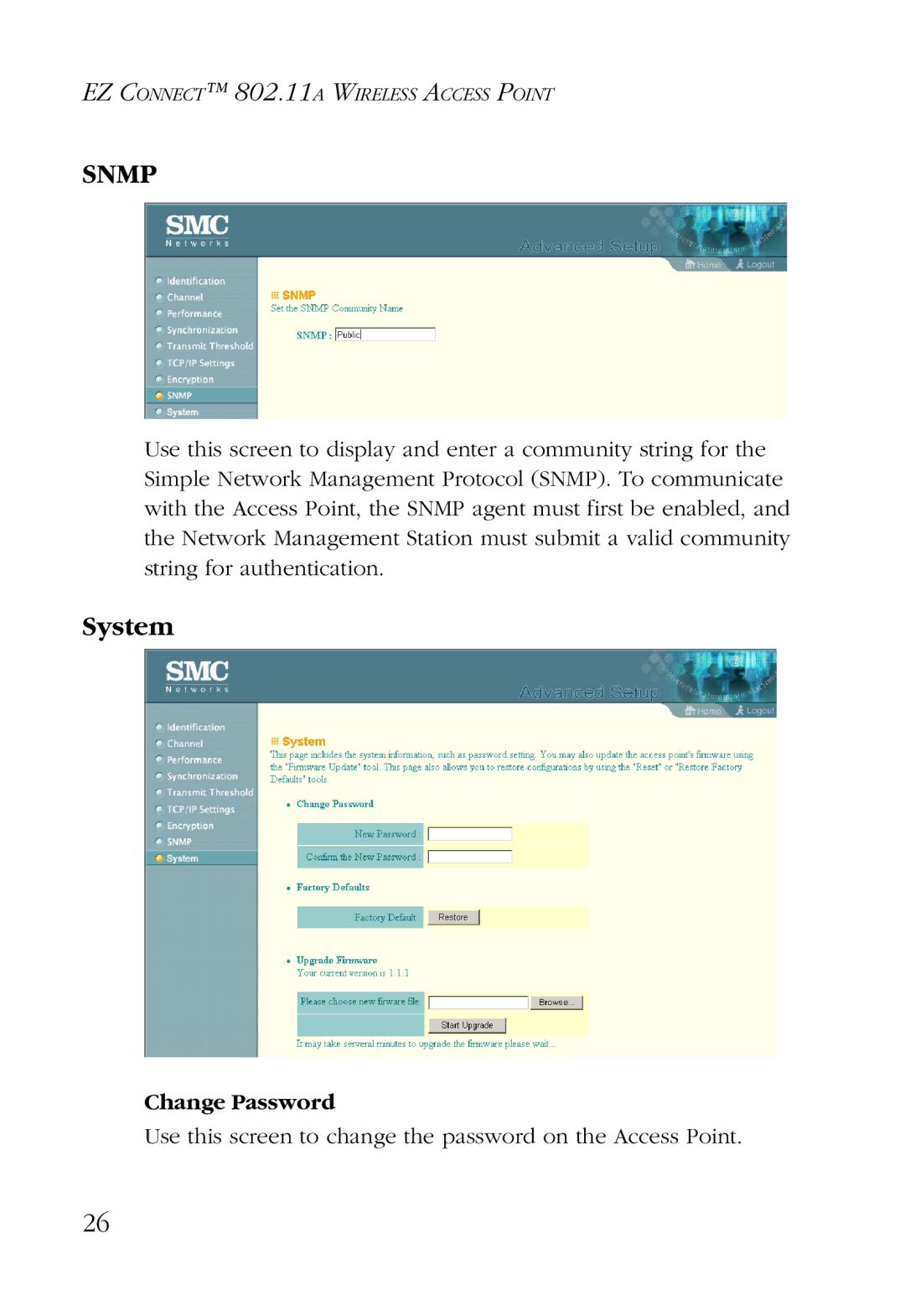 SMC Networks SMC2755W manual System, Change Password 