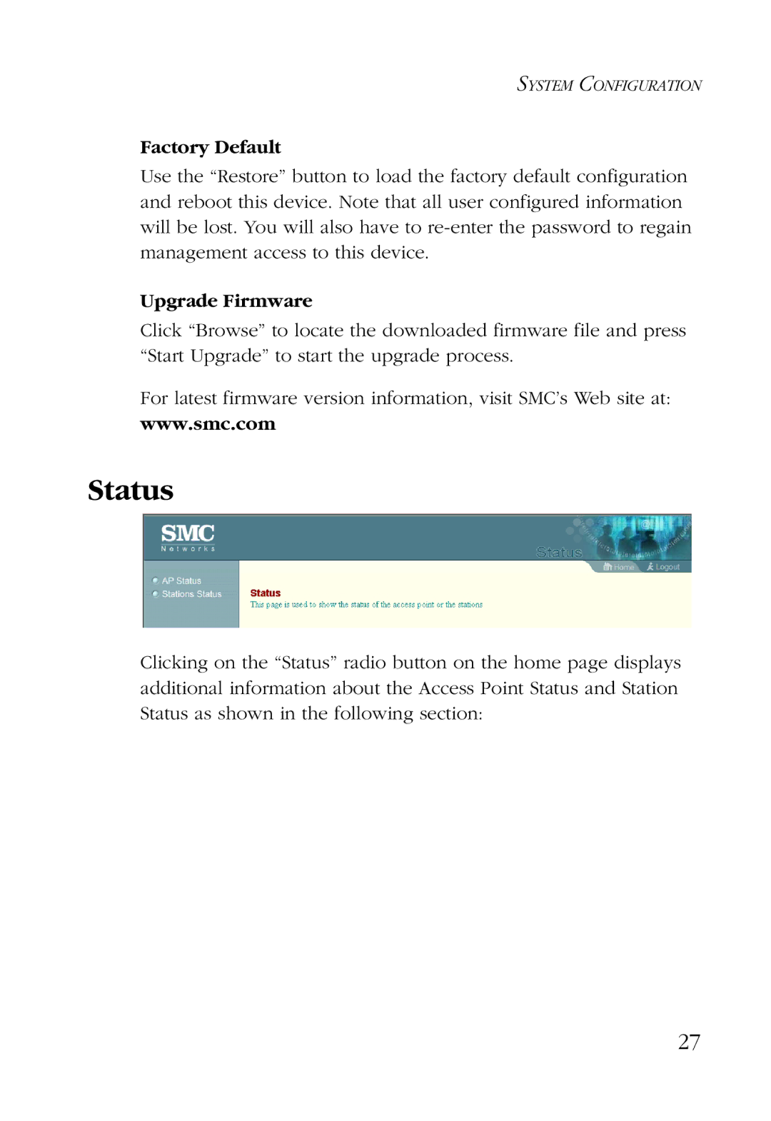 SMC Networks SMC2755W manual Status, Factory Default, Upgrade Firmware 