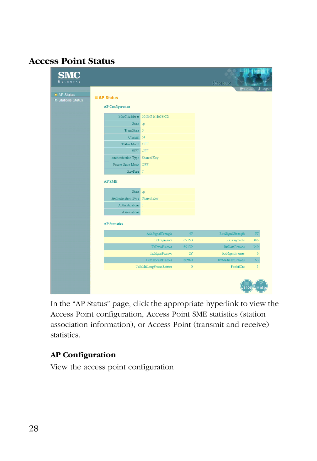 SMC Networks SMC2755W manual Access Point Status, AP Configuration 