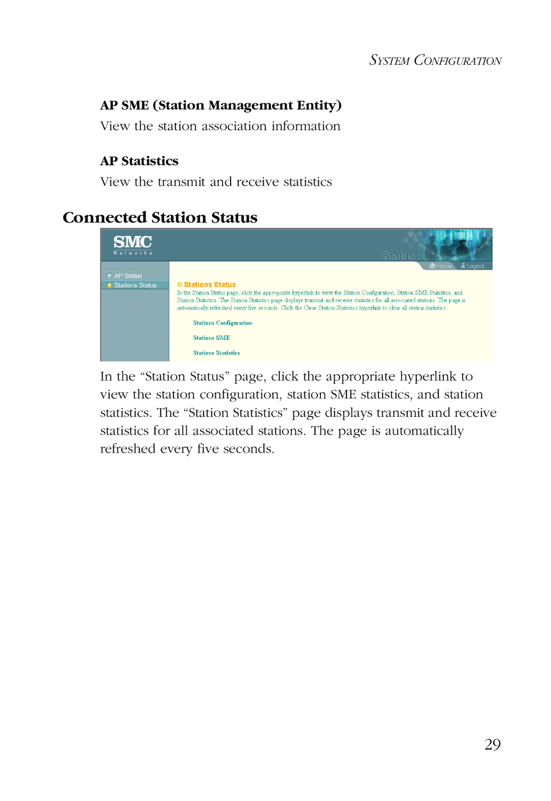 SMC Networks SMC2755W manual Connected Station Status, AP SME Station Management Entity, AP Statistics 