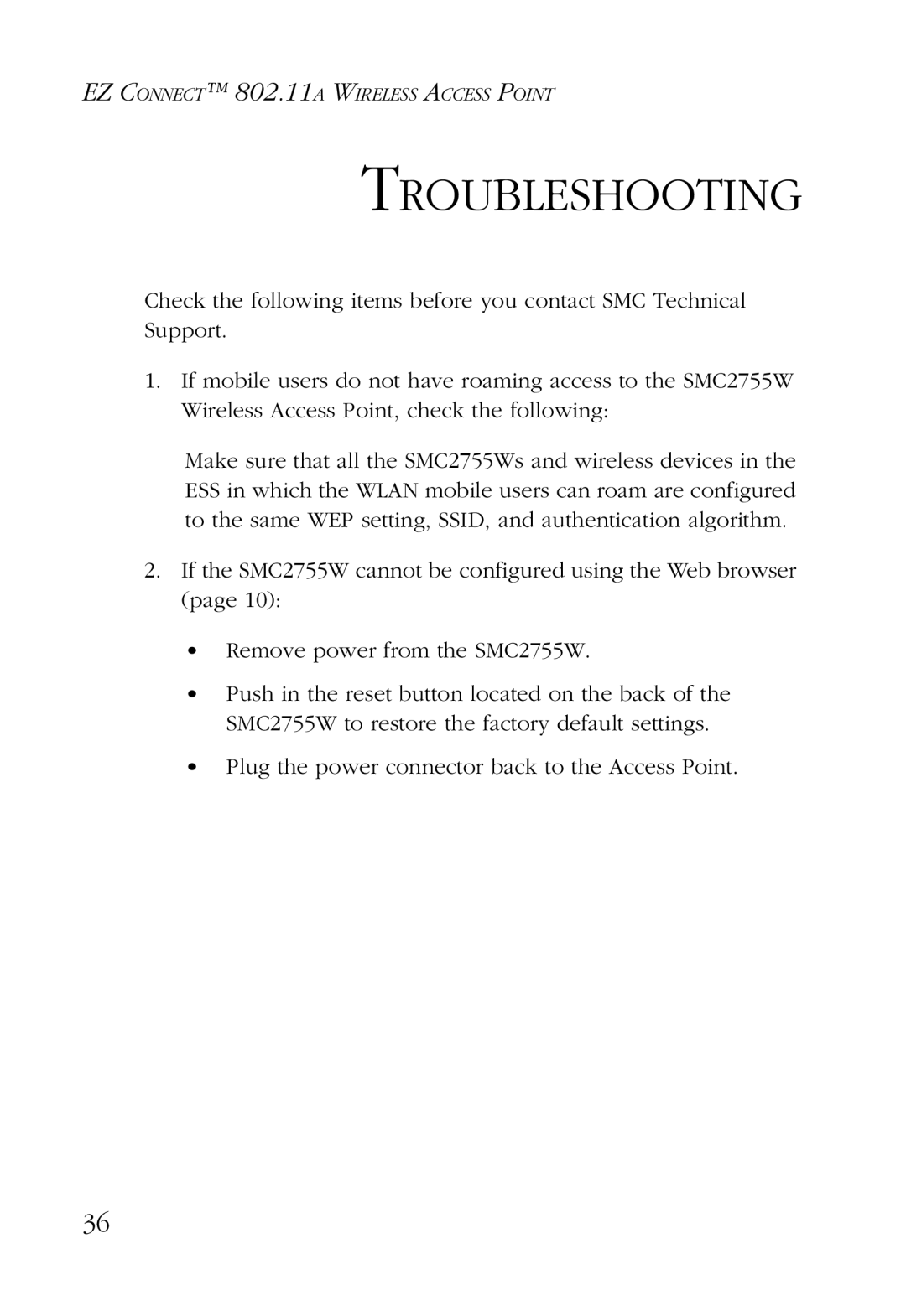 SMC Networks SMC2755W manual Troubleshooting 