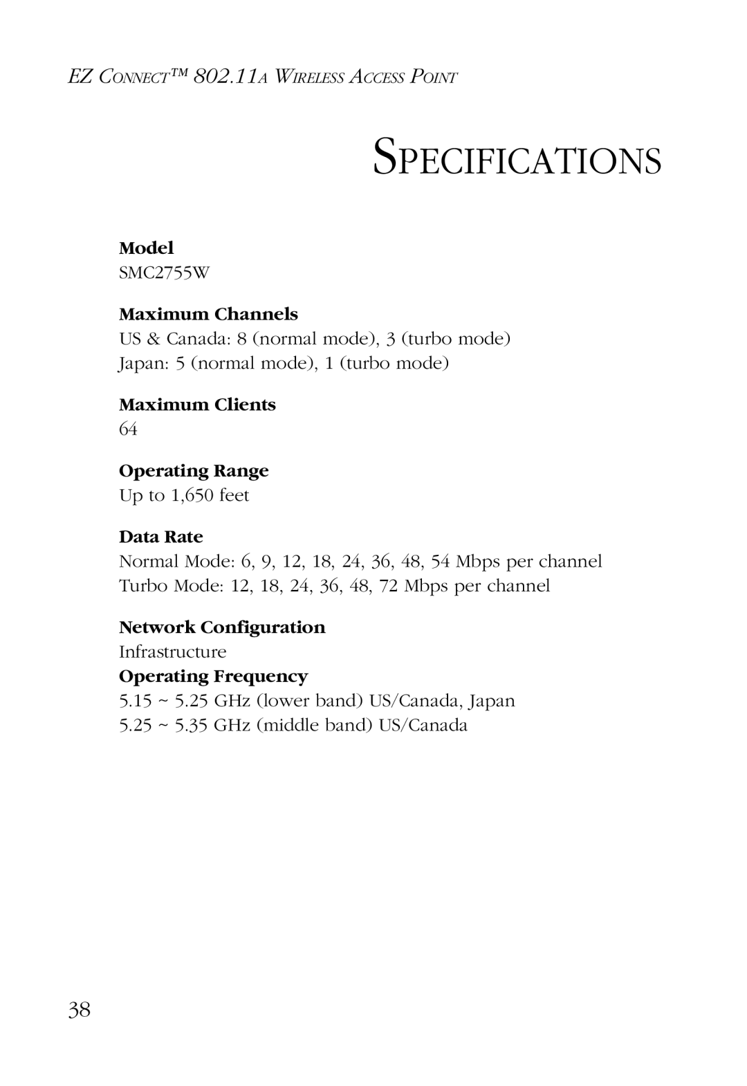 SMC Networks SMC2755W manual Specifications 