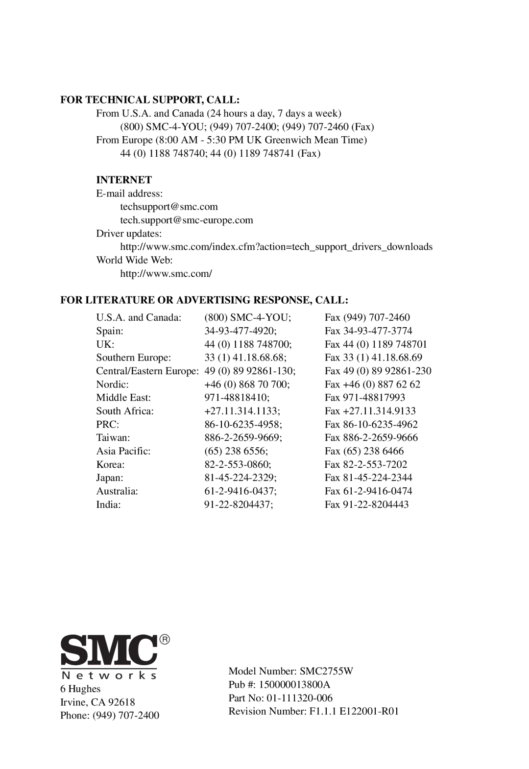 SMC Networks SMC2755W manual For Technical SUPPORT, Call 