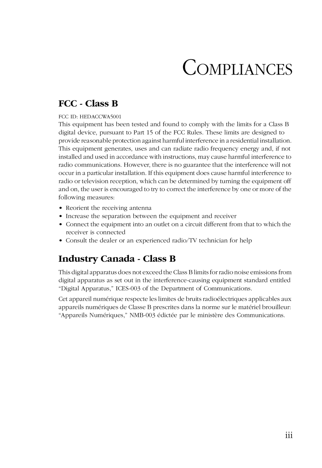 SMC Networks SMC2755W manual Compliances, FCC Class B, Industry Canada Class B 